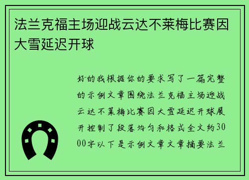 法兰克福主场迎战云达不莱梅比赛因大雪延迟开球